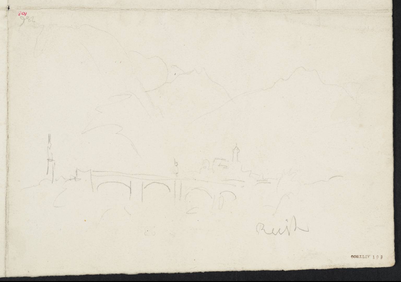 Bridge, with Buildings and Distant Mountains. ?Reish [Turner]