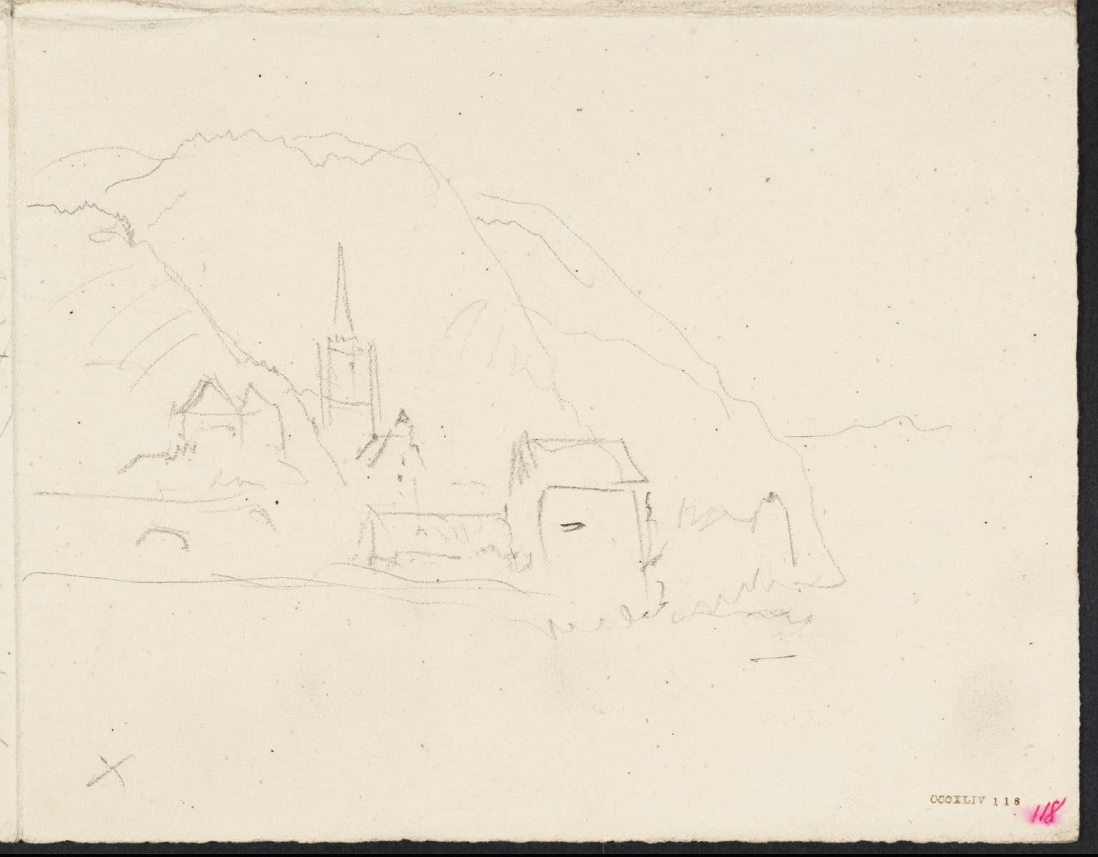 Church and Other Buildings, with Mountains