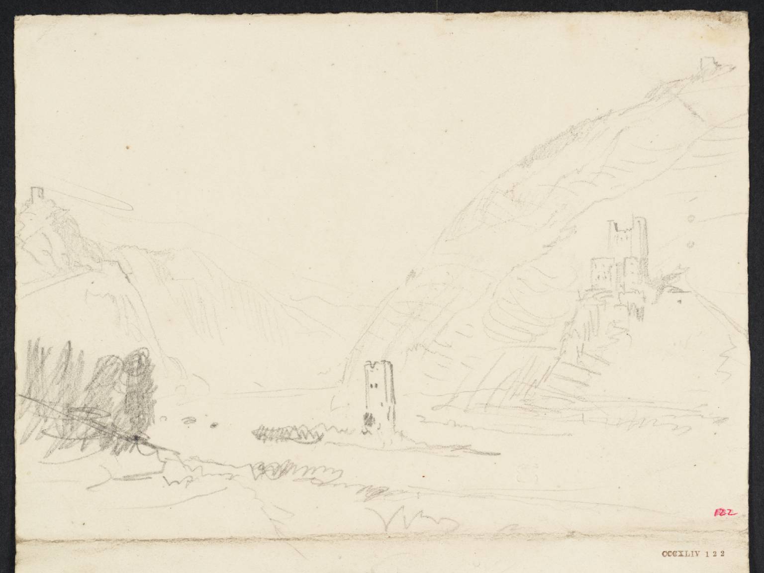 Tower on Small Island in River; Castle on Rocky Banks