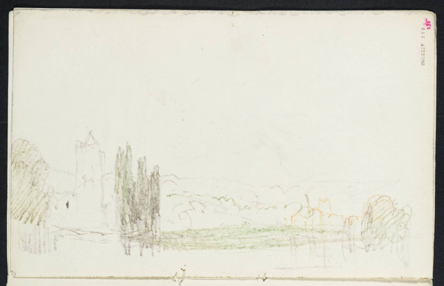 River, with Trees and Tower