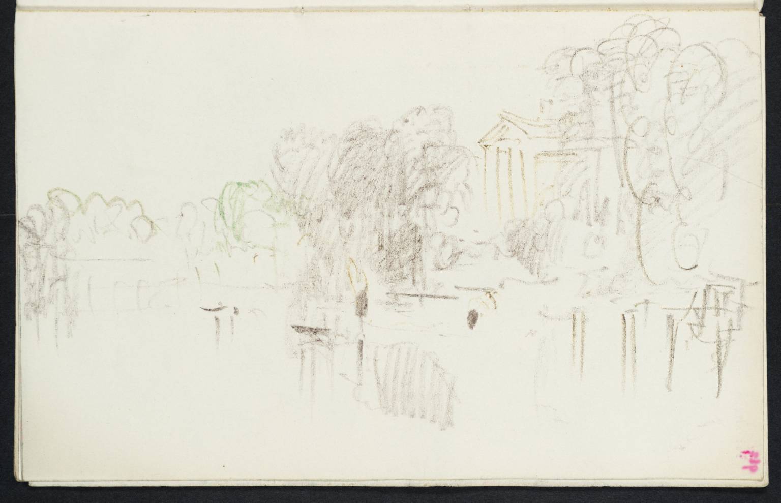 River, with Trees and Classical Building