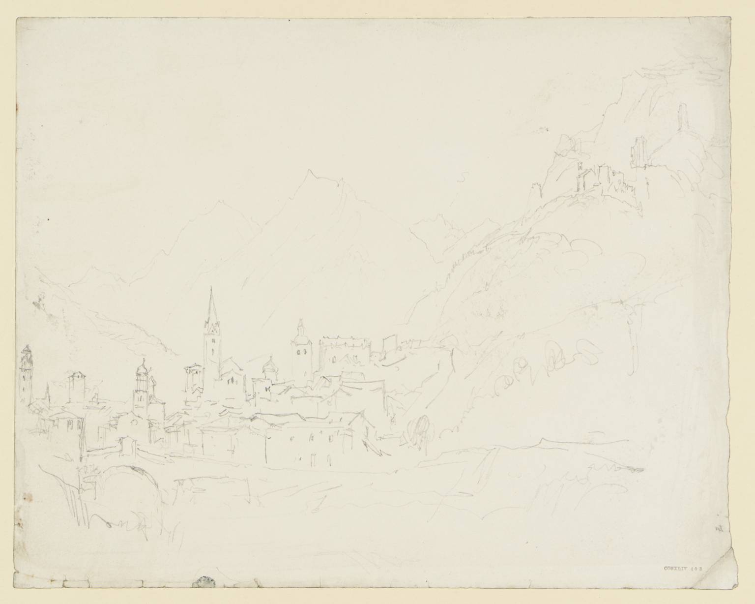 Town at Foot of Hill, with Distant Mountains