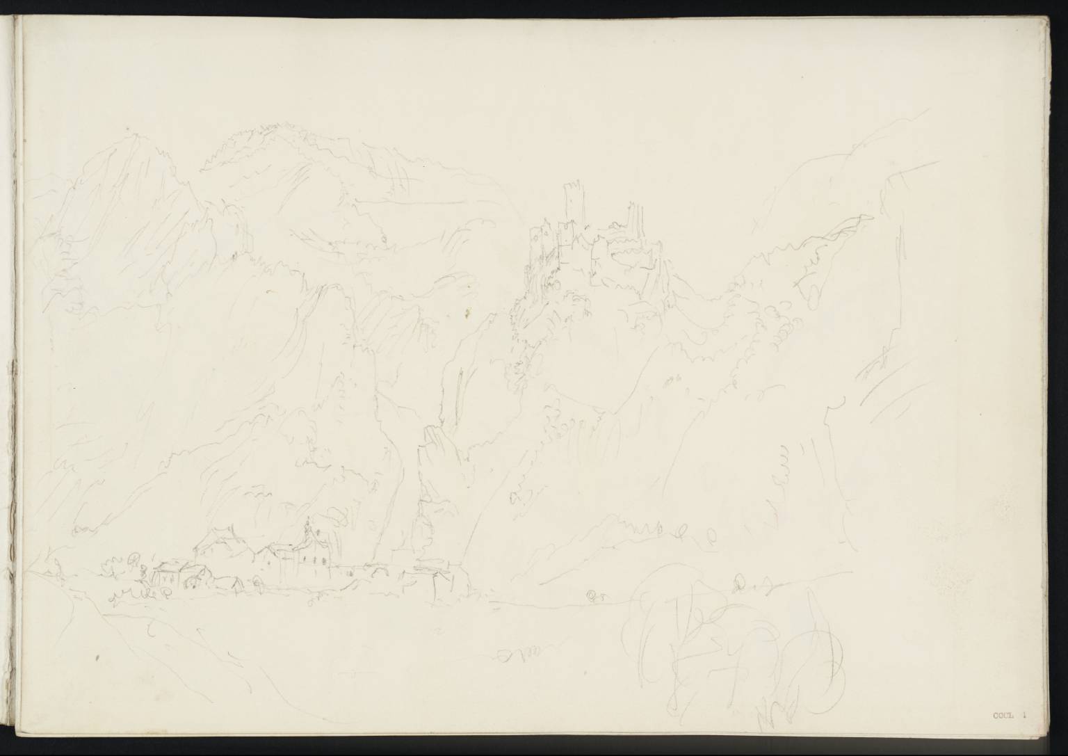 Village among Mountains, with Ruined Castle on Rock