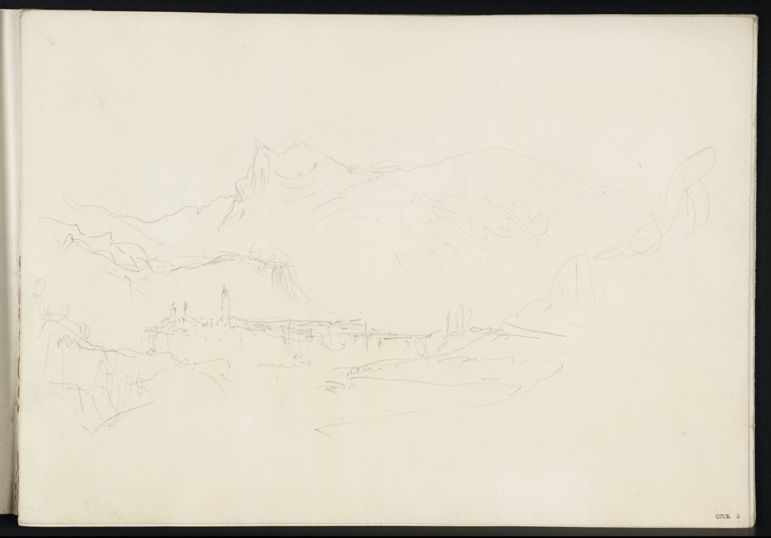 Village with Wooden Bridge beside Stream among Mountains