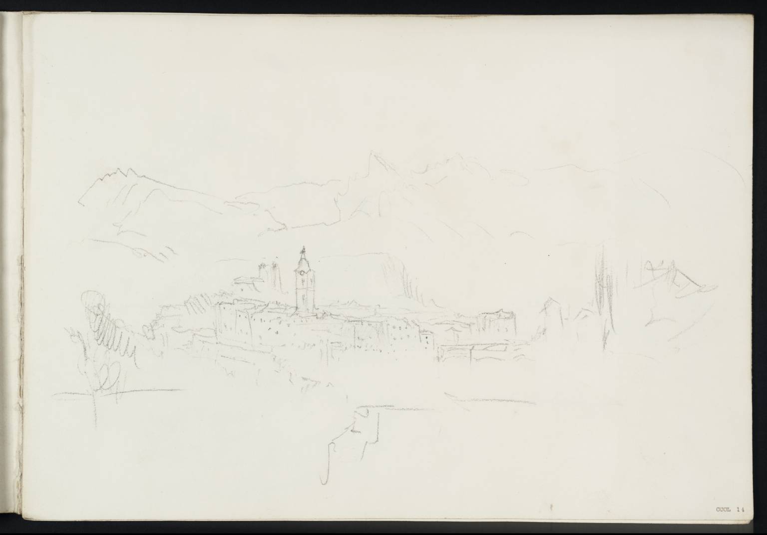Town beside River, with Bridge and Distant Mountains