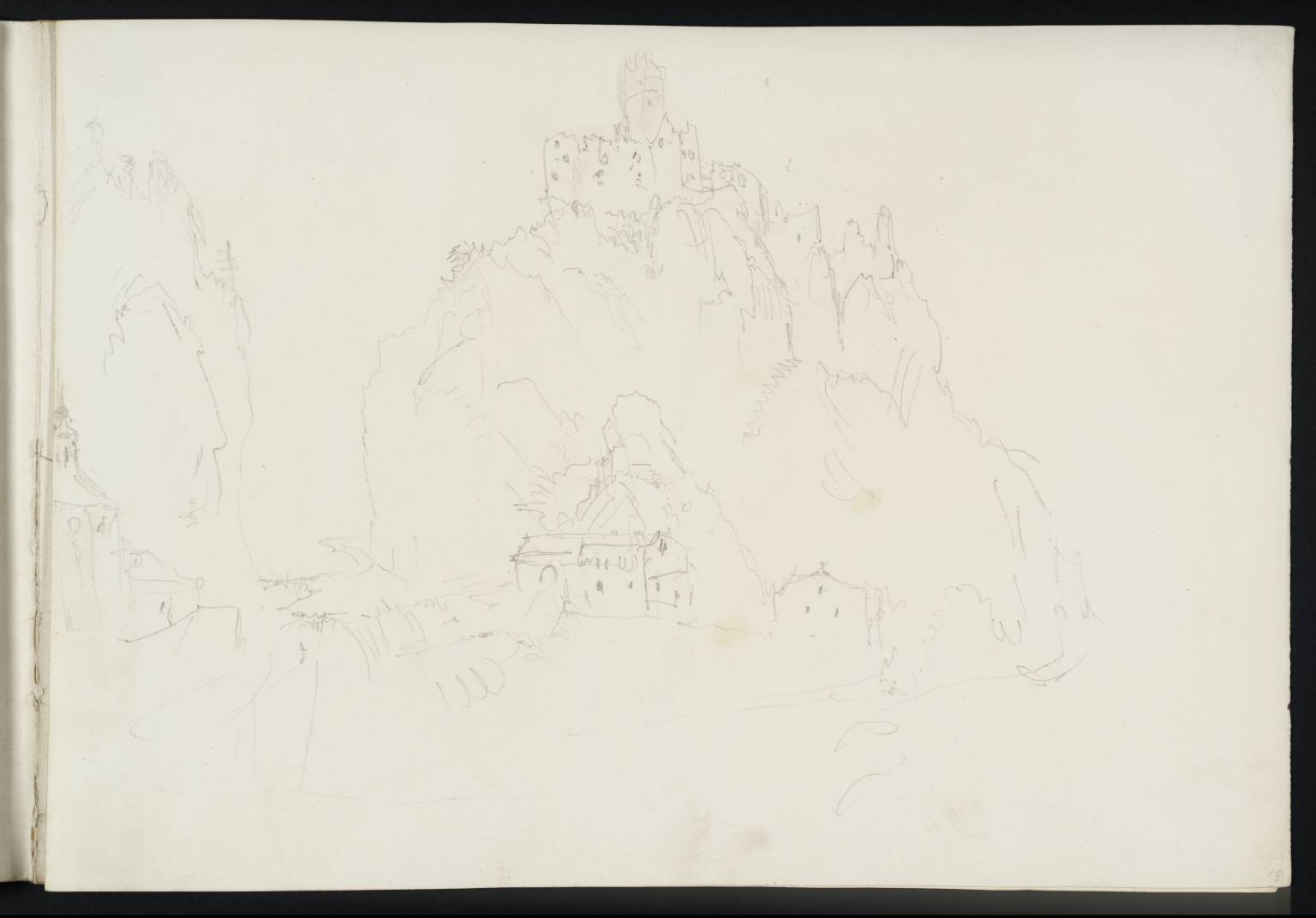 Ruined Castle on Rock among Mountains