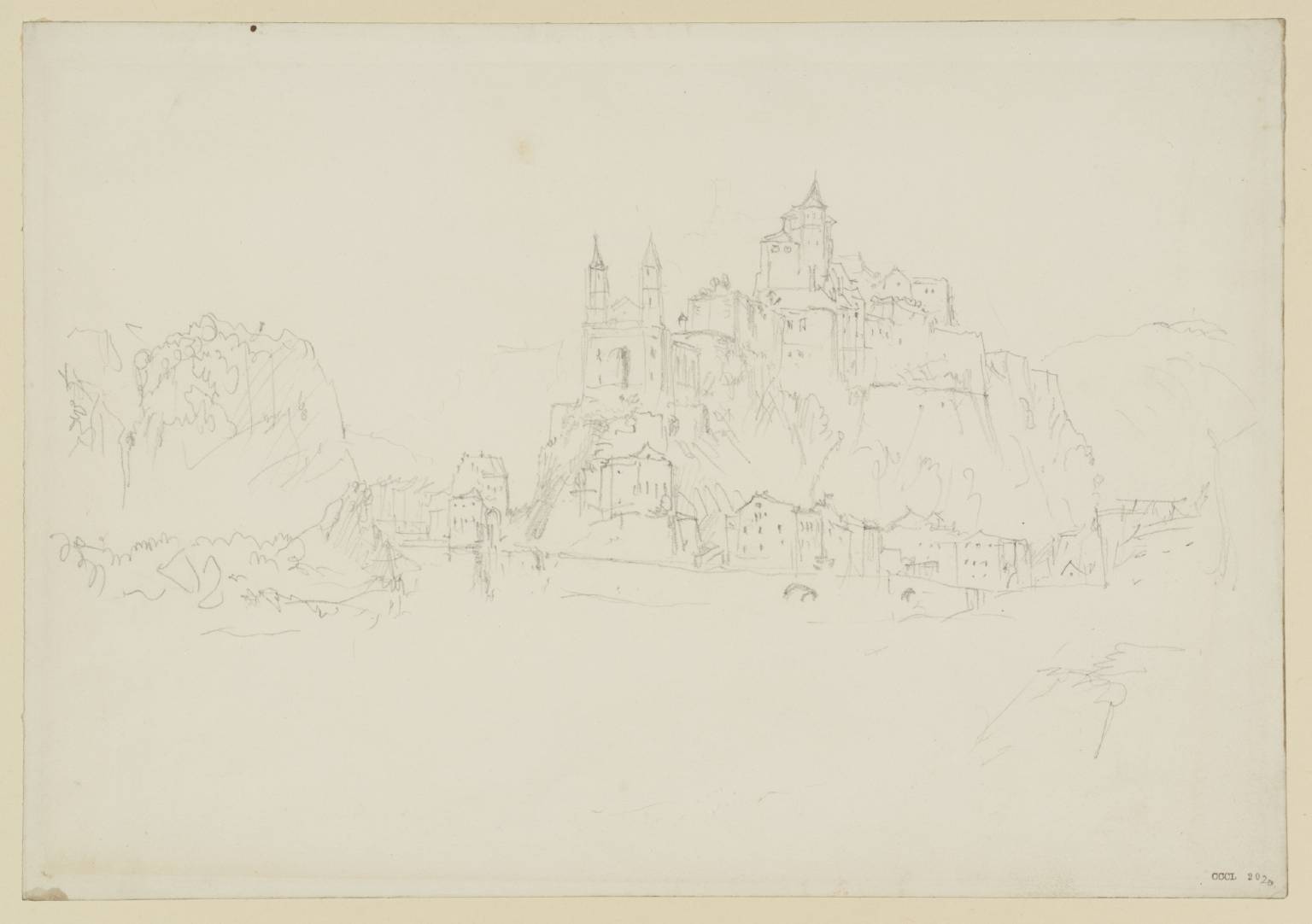 Castle and Other Buildings on Rock beside River