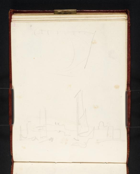 Joseph Mallord William Turner, ‘Shipping with a Dome in the Distance, Perhaps in the Pool of London or at Greenwich; ?a Mast and Sail’ c.1830