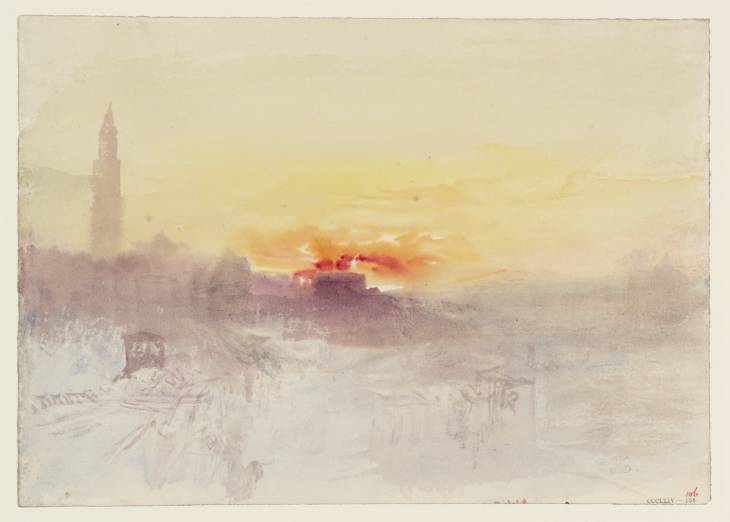 Joseph Mallord William Turner, ‘The Rooftops of Venice, with the Campanile of San Marco (St Mark's) and San Giorgio Maggiore, from the Hotel Europa Palazzo Giustinian) at Sunrise’ 1840