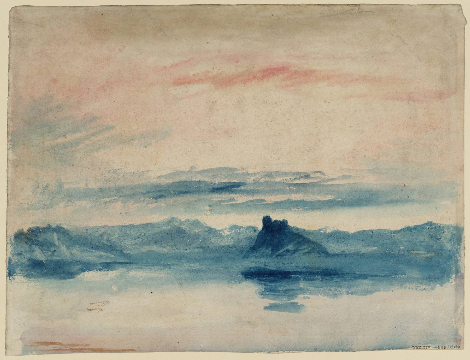 Castle on Rock beside ?Lake