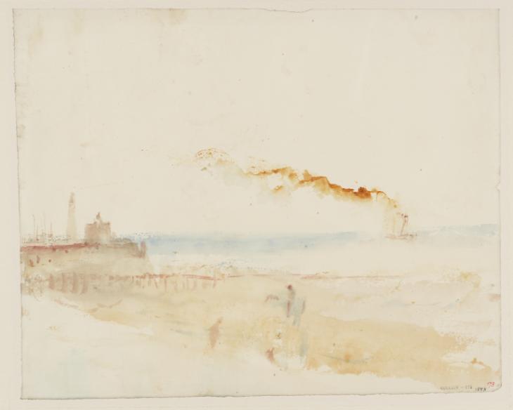 Joseph Mallord William Turner, ‘Margate: The Great Beach with Droit House, the Pier and Lighthouse, Jarvis's Landing Place, and a Smoking Steamer’ c.1841-5