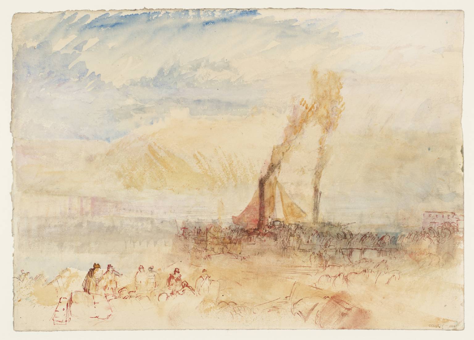 A Steamer and Passengers at a Pier: ?Ehrenbreitstein from Coblenz