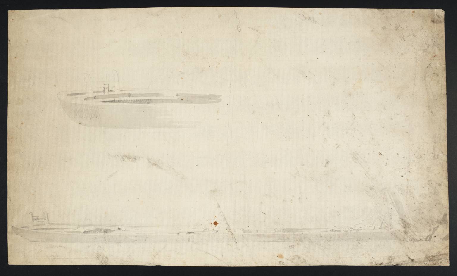 Study of a Barge Seen from the Port Beam with a Second Study of the Bows (Above)