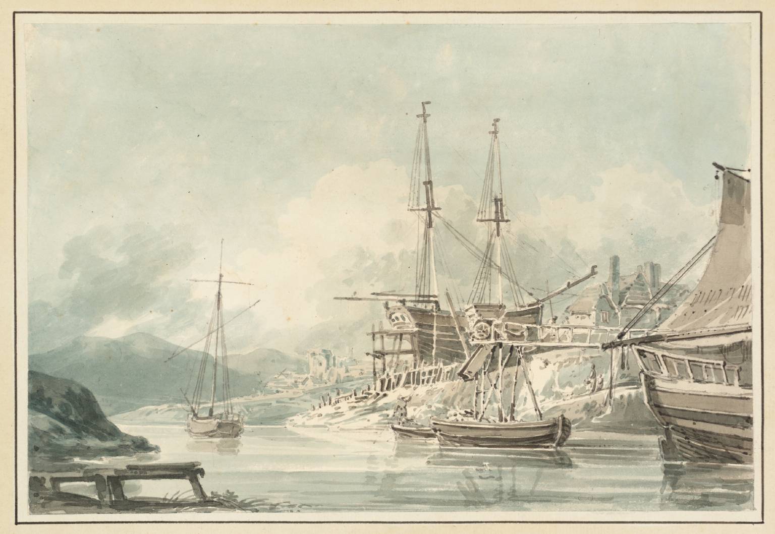 Shipping on a River with Houses and Distant Mountains (?in South Wales)