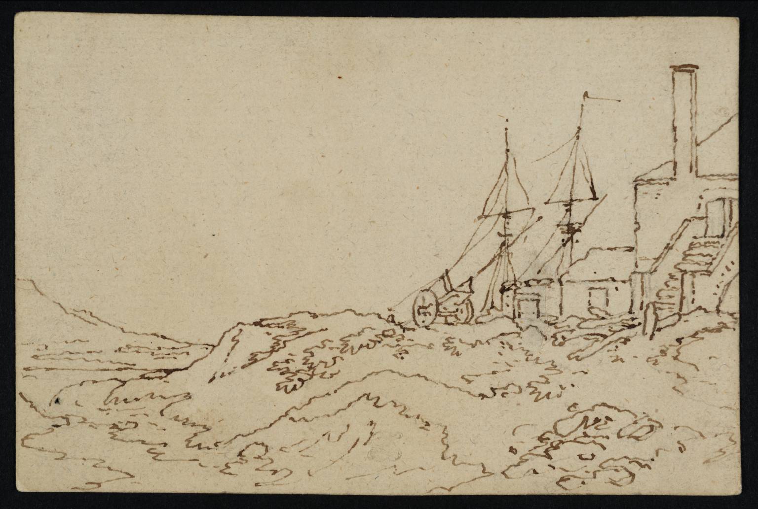An Iron Foundry at Swansea, with the Masts of a Ship, and the Banks of a River