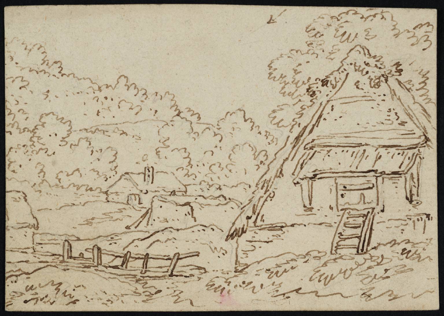 A Barn and Other Buildings with Wooded Hills, Perhaps near the Llangollen Canal