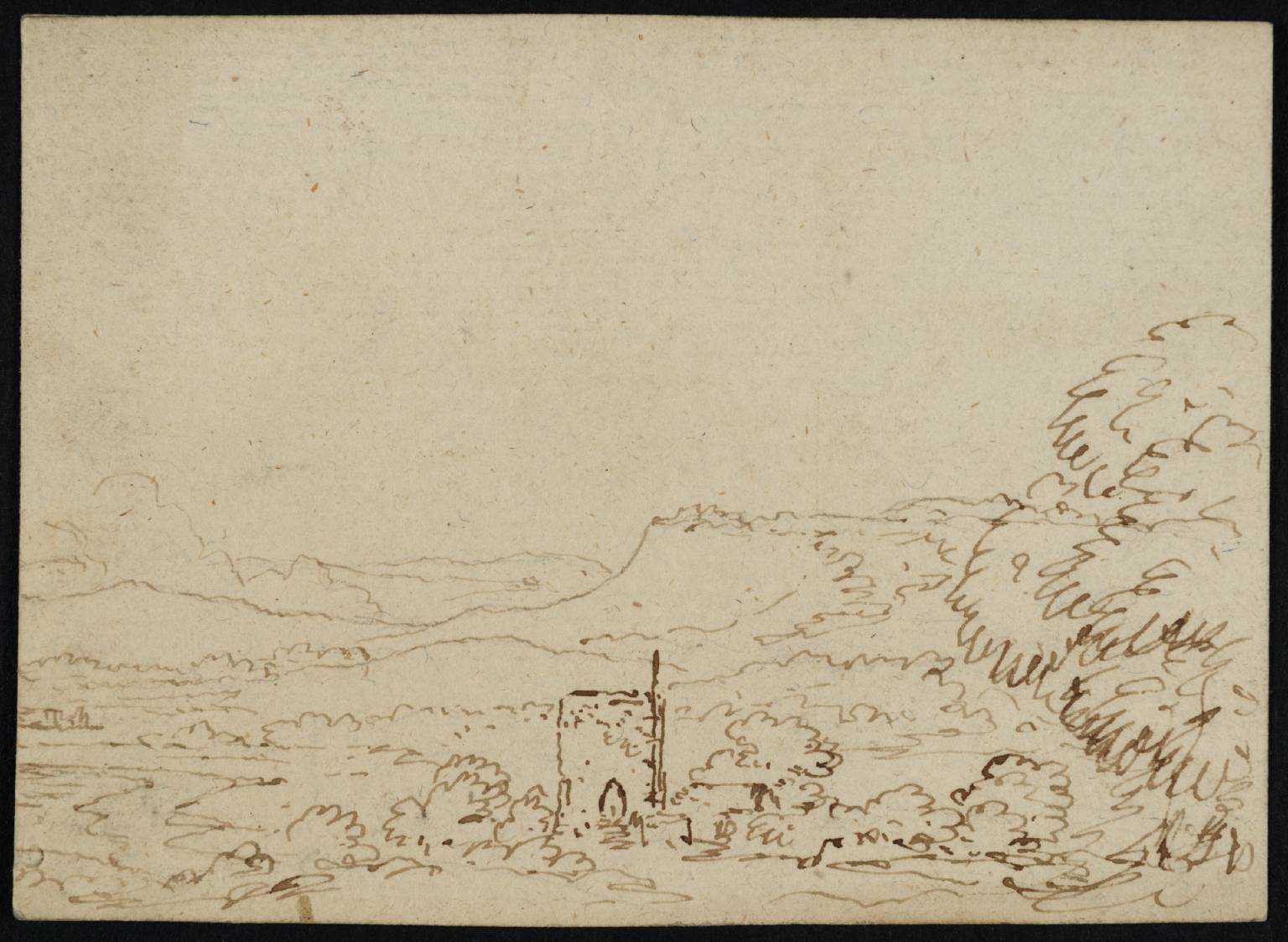 View over a River Valley with a Tower in the Foreground and Hills Beyond