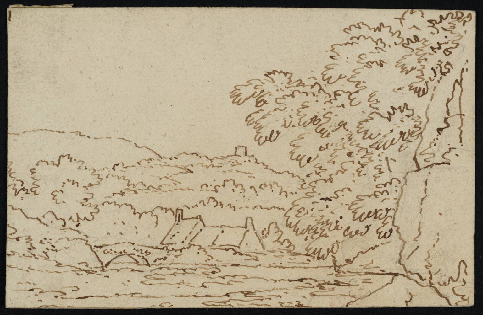 View of a River with Houses by a Single-Arched Bridge, and a Tower on a Wooded Hill Beyond