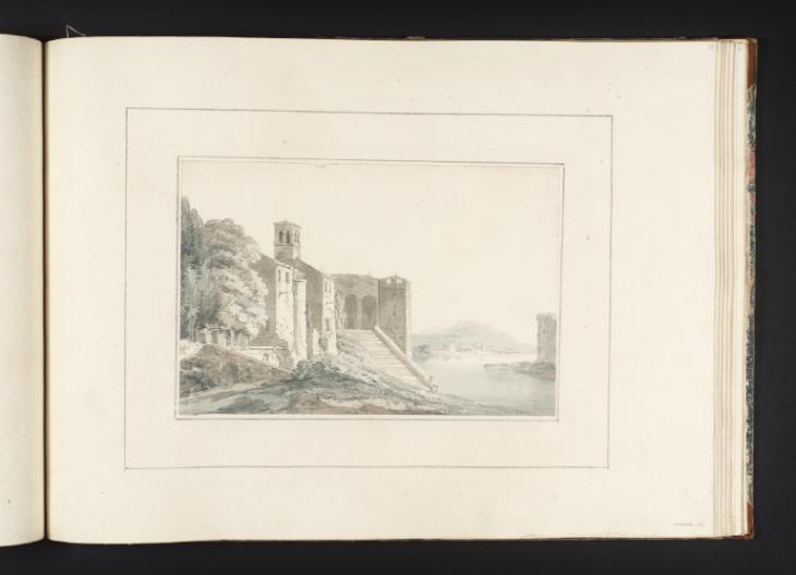 Joseph Mallord William Turner, Thomas Girtin, ‘A Large Building by a River or Lake with Steps Leading down to the Water’ c.1794-8