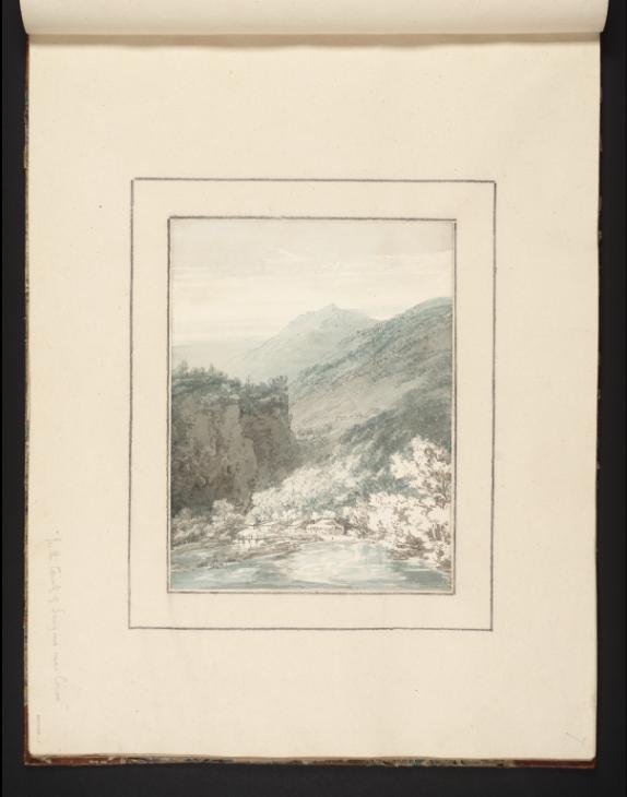 Joseph Mallord William Turner, Thomas Girtin, ‘Buildings near a Lake beneath a Sheer Cliff; a Mountain Beyond’ c.1794-8