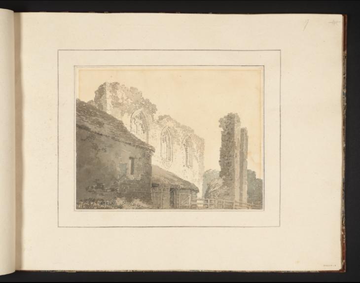 Joseph Mallord William Turner, Thomas Girtin, ‘Barns and Sheds beside a Ruined Wall with Gothic Windows’ c.1794-8