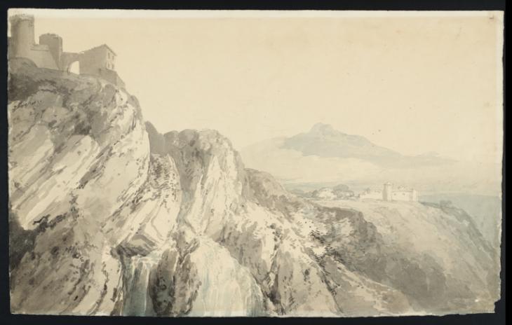 Joseph Mallord William Turner, Thomas Girtin, ‘A Waterfall at Tivoli, with a Distant Mountain’ c.1797