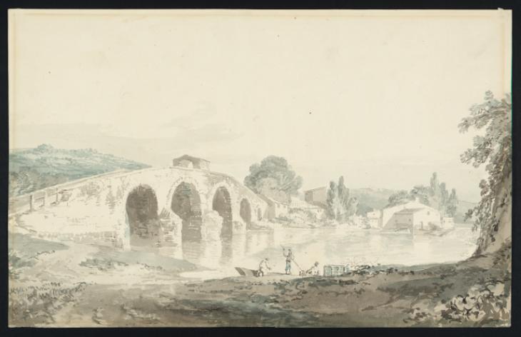 Joseph Mallord William Turner, Thomas Girtin, ‘A Five-Arched Bridge over a River with Buildings on the Far Bank’ c.1796