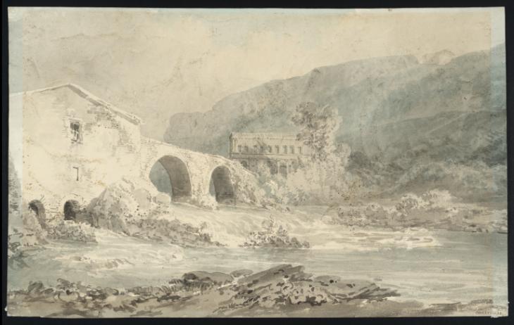 Joseph Mallord William Turner, Thomas Girtin, ‘A River with a Mill and Two-Arched Bridge above a Weir, with a Church on the Far Bank beneath a High Cliff’ c.1795-7