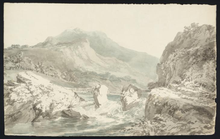 Joseph Mallord William Turner, Thomas Girtin, ‘A Footbridge between Rocks, over a River in the Valley of Chamonix’ c.1797