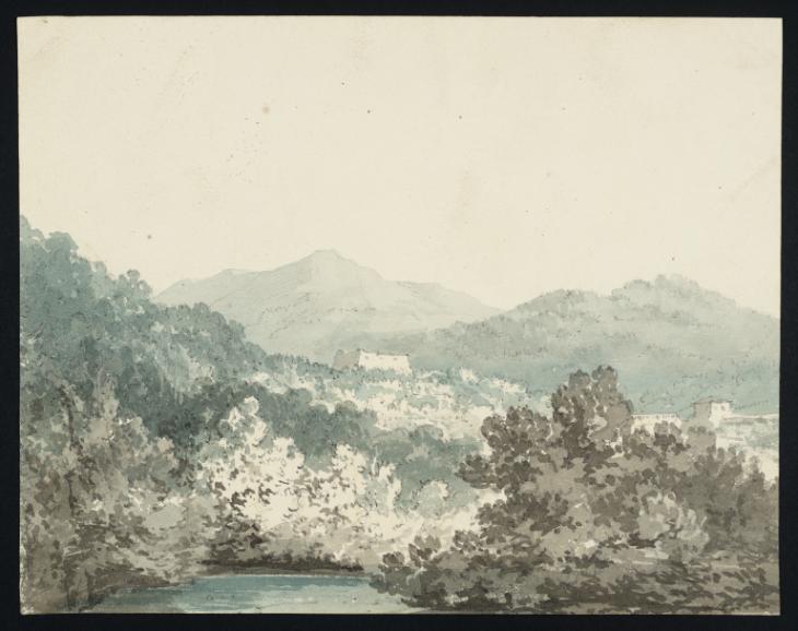 Joseph Mallord William Turner, Thomas Girtin, ‘Buildings among Wooded Hills; a Lake in the Foreground and a Mountain in the Distance’ c.1795-7