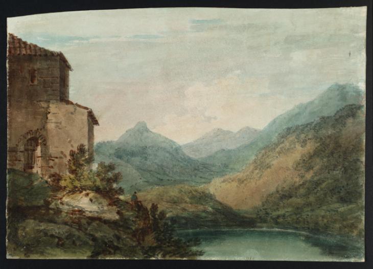 Joseph Mallord William Turner, Thomas Girtin, ‘A Building by a Lake among Mountains at Tigues, on the Route to Mount Cenis’ c.1796