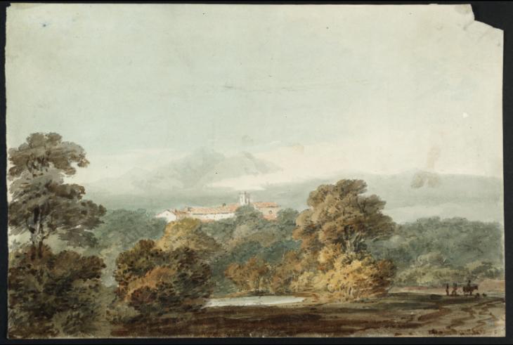 Joseph Mallord William Turner, Thomas Girtin, ‘Distant View of the Alps from ?Modena, with a Church among Trees’ c.1796