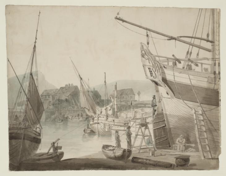 Joseph Mallord William Turner, Thomas Girtin, ‘Dover Harbour: The Stern of a Large Ship, and Smaller Vessels’ 1795-6