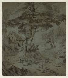 Landscape with Figures and Cattle on a Road between Banks; A Group of Trees at the Left with a House Beyond