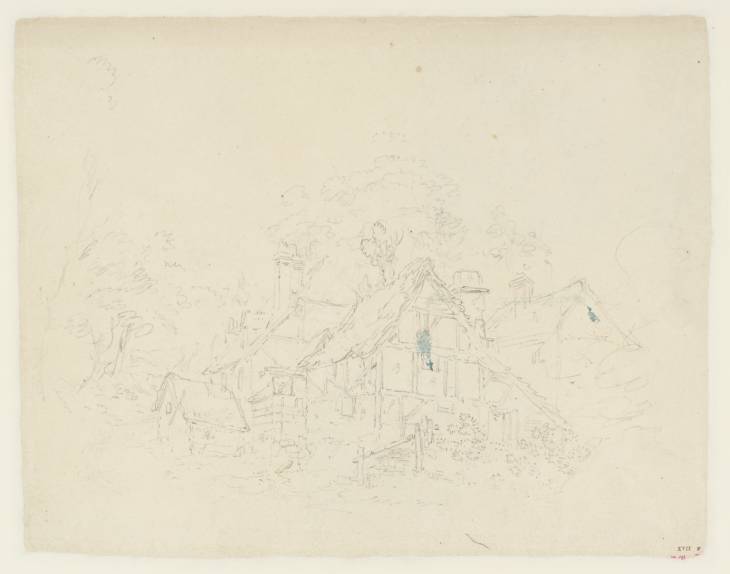 Joseph Mallord William Turner, ‘Various Studies: A Tree; a Group of Cottages; a Composition Sketch of a Landscape Including These Cottages and a Covered Waggon; Another Composition Sketch of a Rocky Hillside with Distant Mountain’ 1792