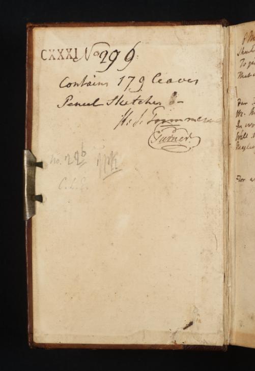 Joseph Mallord William Turner, ‘Inscription by Turner: Title of Sketchbook’ 1813 (Inside back cover of sketchbook)