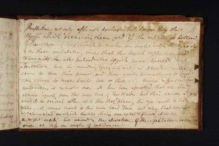 Joseph Mallord William Turner, ‘Comments on Reflections in Moving Water (Inscriptions by Turner)’ 1808-10 (Inside back cover of sketchbook)