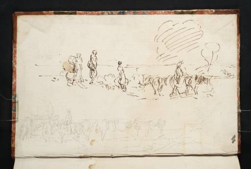 Joseph Mallord William Turner, ‘Two Studies Related to 'Men with Horses Crossing a River': (i) Figures and Horses; (ii) Men with Horses and a Wagon’ 1805 (Inside back cover of sketchbook)