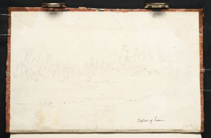 Joseph Mallord William Turner, ‘A Church and Cottages by the Thames: ?Clifton Hampden’ 1805 (Inside back cover of sketchbook)
