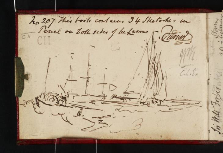 Joseph Mallord William Turner, ‘Sketch for 'Shoeburyness Fisherman Hailing a Whitstable Hoy'’ c.1808-9 (Inside front cover of sketchbook)