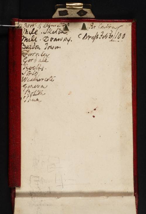 Joseph Mallord William Turner, ‘Shipping on the River Thames at Greenwich, and List of Works, Mainly for Walter Fawkes (Inscription by Turner)’ ?1809-10 (Inside back cover of sketchbook)