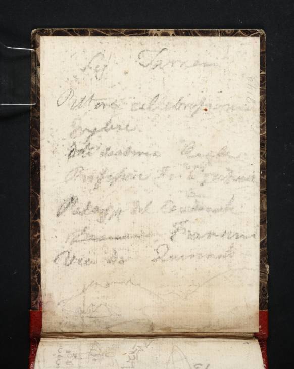 Joseph Mallord William Turner, ‘Inscription by Turner: Notes Regarding his December 1828 Exhibition in Rome’ 1828-9 (Inside back cover of sketchbook)