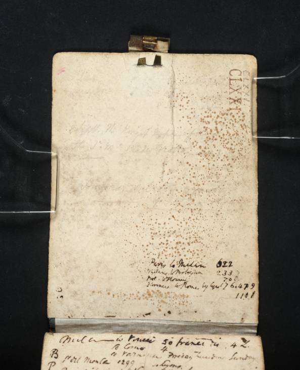 Joseph Mallord William Turner, ‘Inscriptions by Turner, Including Notes from Reichard's 'Itinerary of Italy'’ 1819 (Inside front cover of sketchbook)