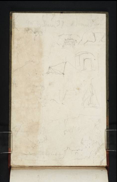 Joseph Mallord William Turner, ‘Various Sketches and Inscriptions Including and Boat and Granton Castle’ 1822 (Inside back cover of sketchbook)