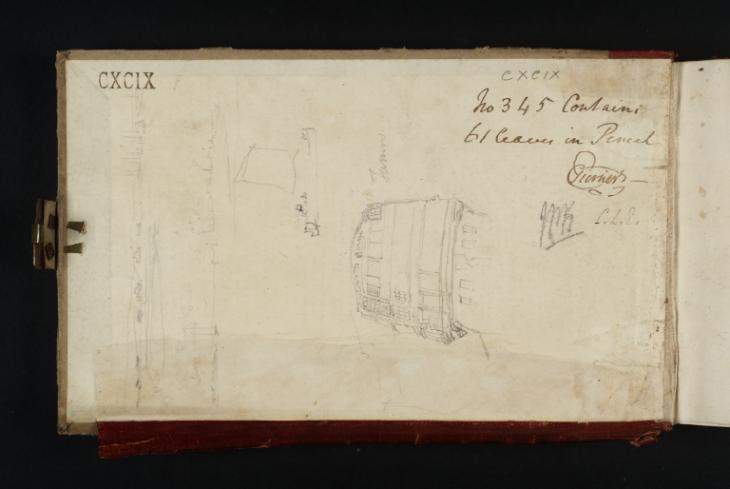 Joseph Mallord William Turner, ‘River Scenes and Decorated Stern of a Ship’ c.1821 (Inside front cover of sketchbook)