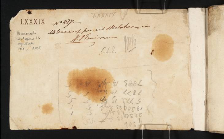Joseph Mallord William Turner, ‘Inscription by Turner: A List of Banknotes’ c.1805 (Inside front cover of sketchbook)