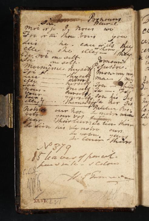 Joseph Mallord William Turner, ‘Inscription by Turner: Notes on French Grammar’ c.1799 (Inside front cover of sketchbook)