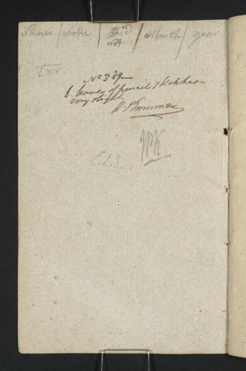 Joseph Mallord William Turner, ‘Inscription by Turner: A Financial Note’ c.1801-2 (Inside front cover of sketchbook)