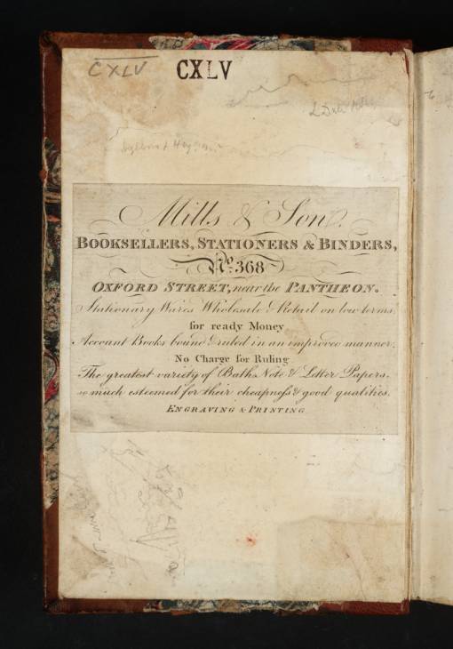 Joseph Mallord William Turner, ‘Three Thumbnail Sketches of the Crook of Lune Quarry, Ingleborough from Heysham, and the Langdale Pikes; the Printed Trade Label of Mills & Sons, Booksellers of Oxford Street’ 1816 (Inside back cover of sketchbook)