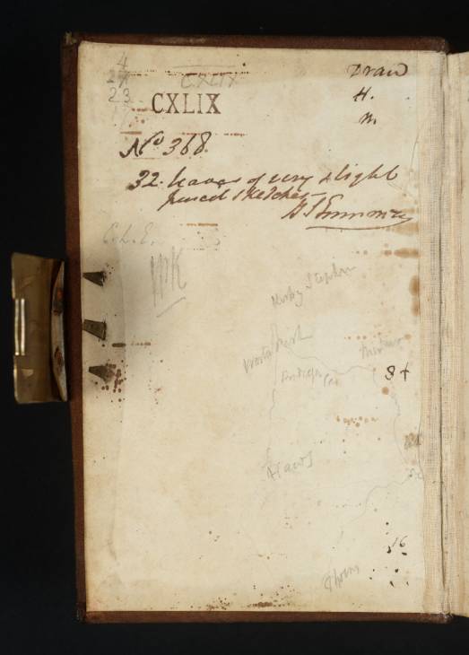Joseph Mallord William Turner, ‘Sketch Map of North-West and Central Yorkshire; Executors' Endorsements’ c.1816 (Inside front cover of sketchbook)